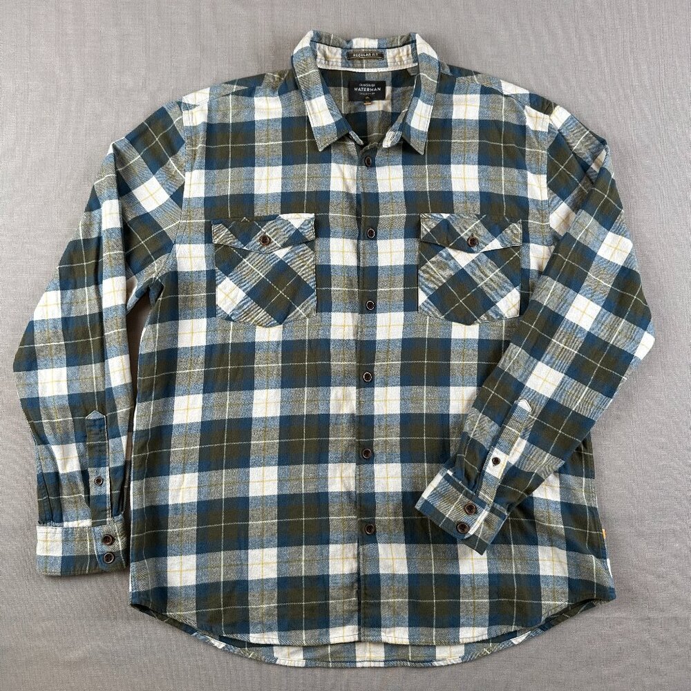 Quiksilver Waterman Collection Plaid Flannel Shirt Green Blue White Size X-Large